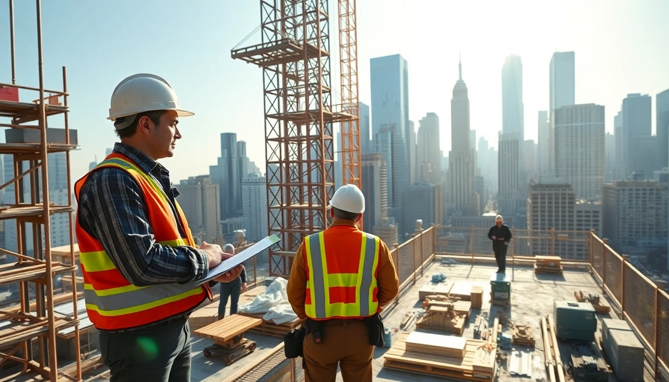 New York City General Contractor managing a high-rise project with city skyline.