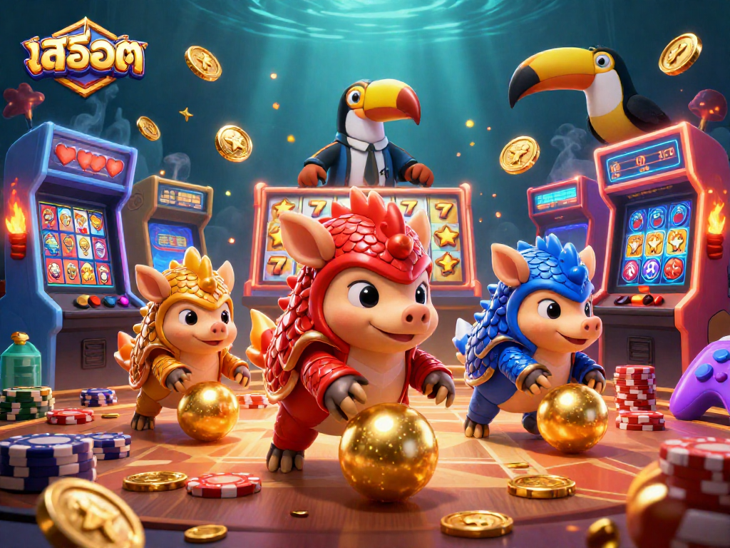 Experience exciting สล็อต gameplay with vibrant pangolins and casino elements in a colorful 3D scene.