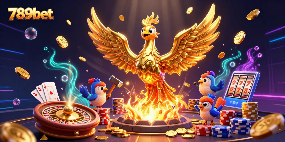 Experience thrilling games at 789bet with mesmerizing visuals of golden phoenix and casino elements.