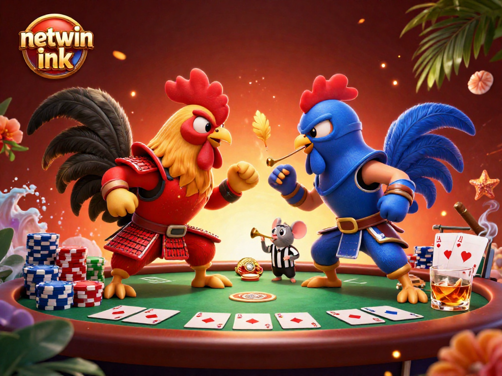 Engage in intense competition with netwin ink's vibrant rush of action featuring roosters battling.