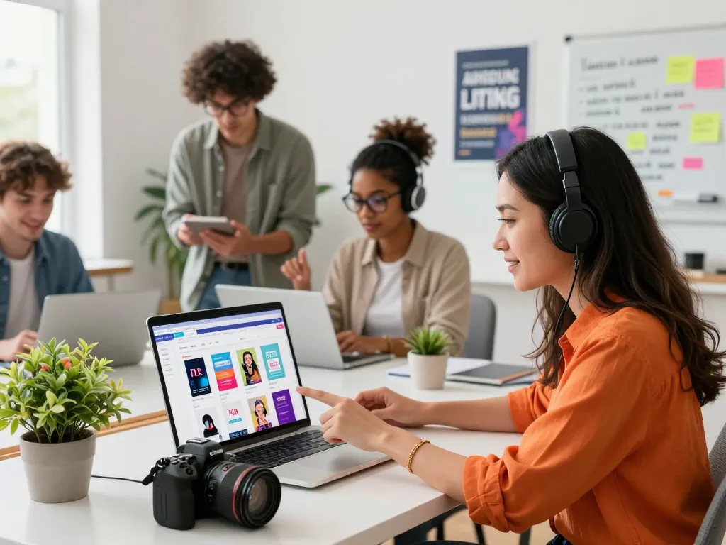 Exciting workspace scene where entrepreneurs actively explore ways to buy PLR products online, showcasing vibrant digital content and collaboration.