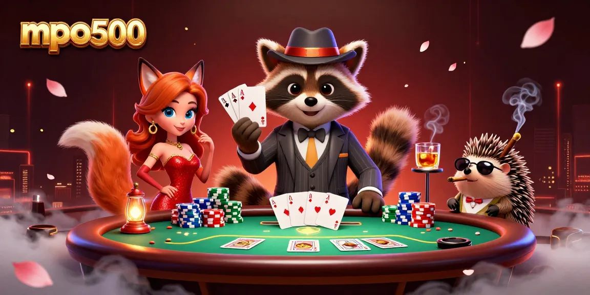 Experience excitement with mpo500 as a raccoon holds a royal flush, surrounded by vibrant casino elements.
