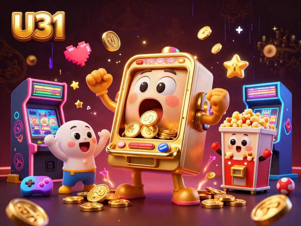 U31 slot machine celebrates a big win while baby machines cheer amidst a vibrant casino scene.