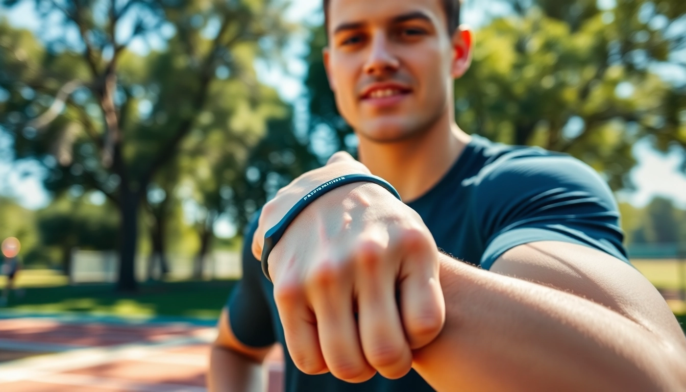 Entrenador usando una power balance pulsera mientras corre al aire libre.
