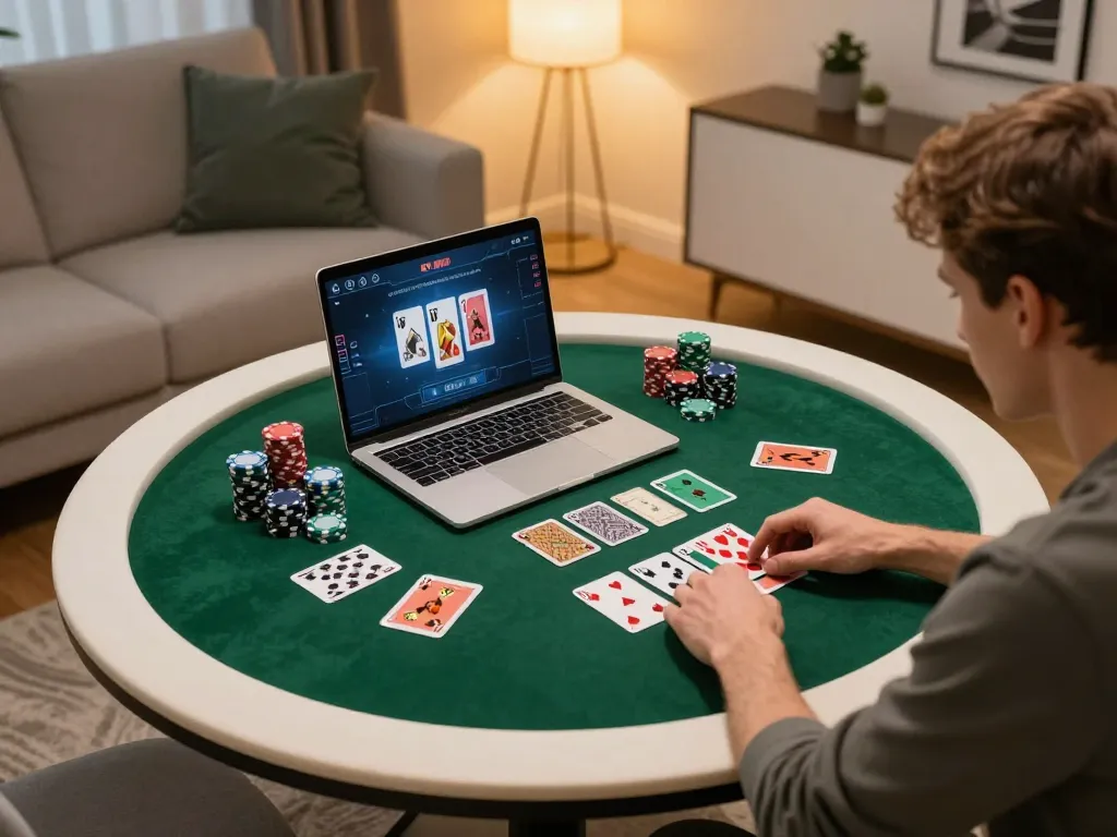 Player enjoying poker on laptop at home with fly88 casino app displayed, enhancing personal gaming experience.