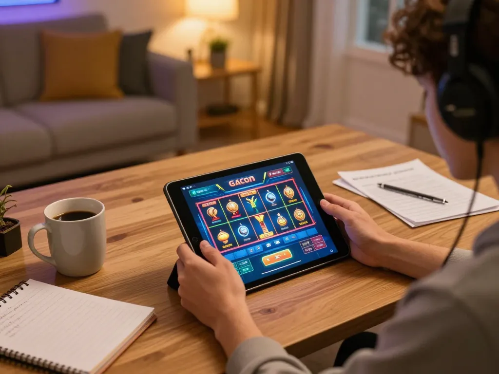 Playing slot gacor game on tablet in cozy home setting, illustrating casual online gaming