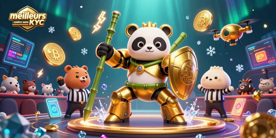 Gagnez aux meilleurs casinos sans KYC avec un panda doré en pilote d'un robot de combat dans une arène animée.