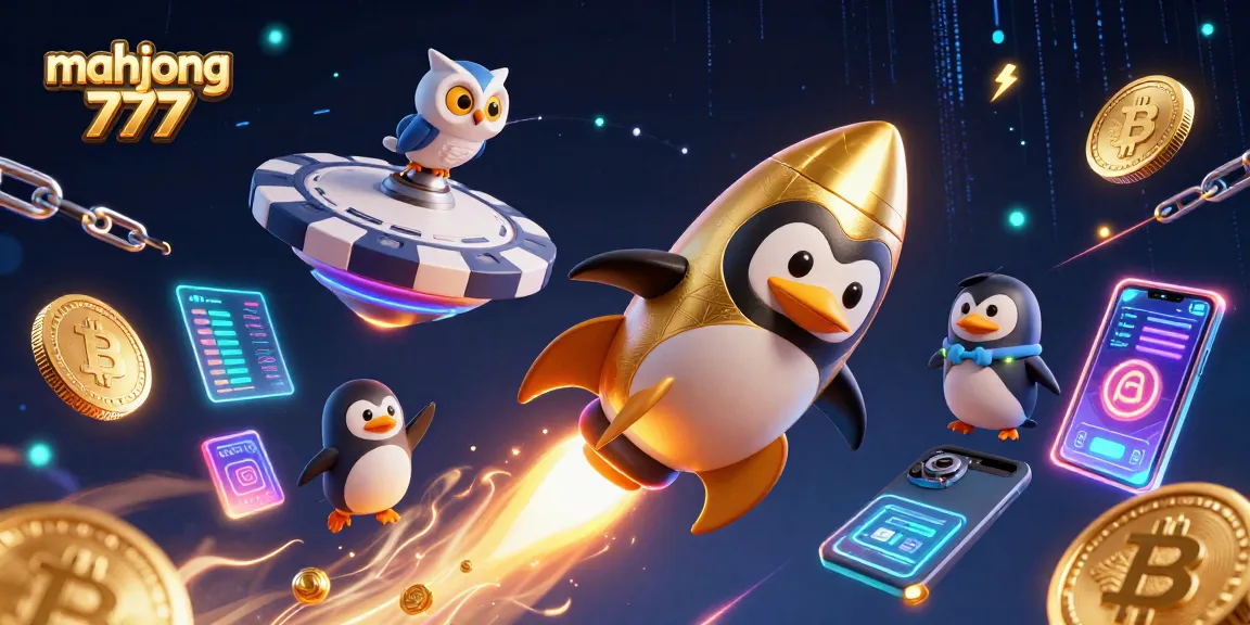 Engage with mahjong 777 in a vibrant, action-packed scene featuring a golden penguin and crypto elements.