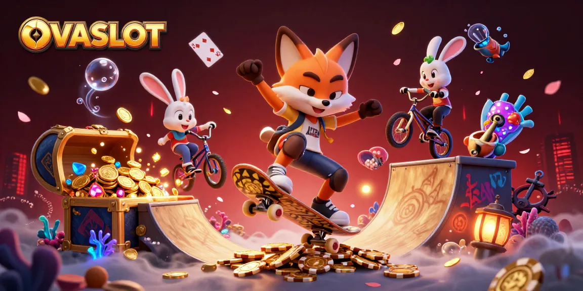 OVASLOT showcases thrilling gameplay with a fox and rabbit in a dynamic casino scene.