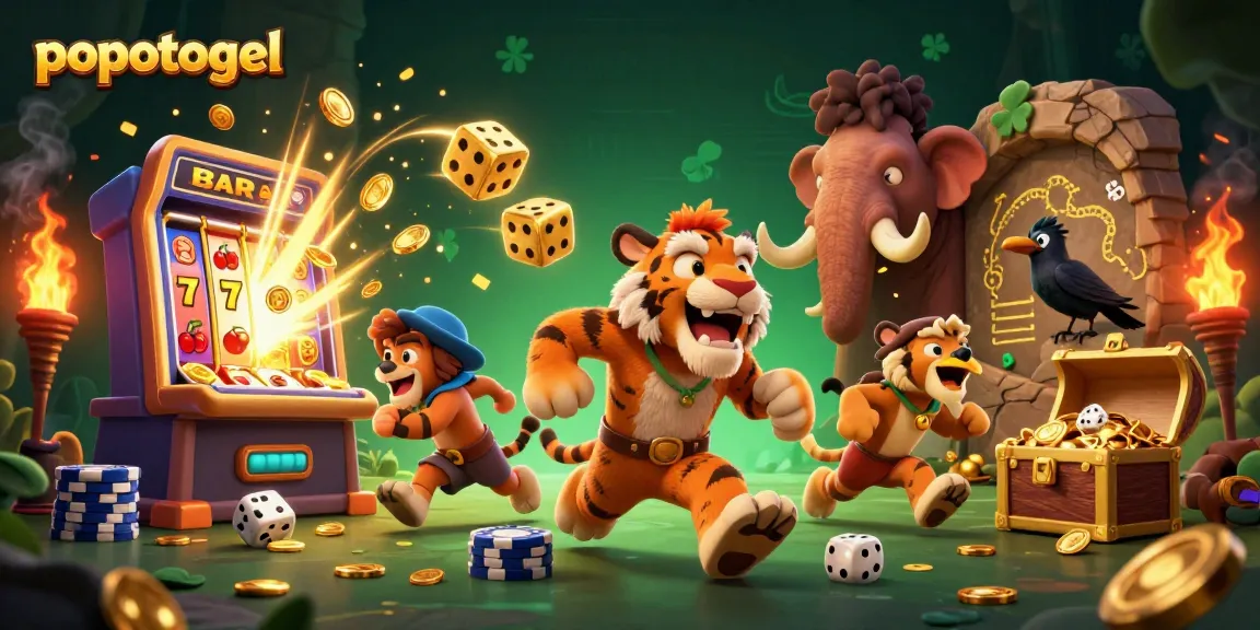 Experience thrilling slots with popotogel’s dynamic prehistoric casino featuring cartoon characters and jackpot elements.