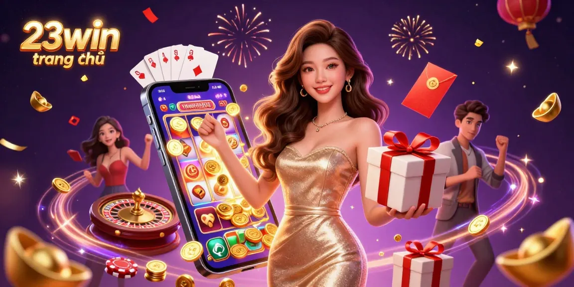 Experience the vibrant excitement of 23win trang chủ with dynamic gaming scenes filled with winnings and festive elements.