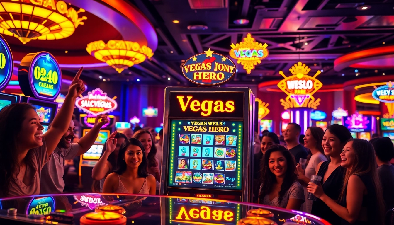 Playing at Vegas hero casino with neon lights and happy players winning big