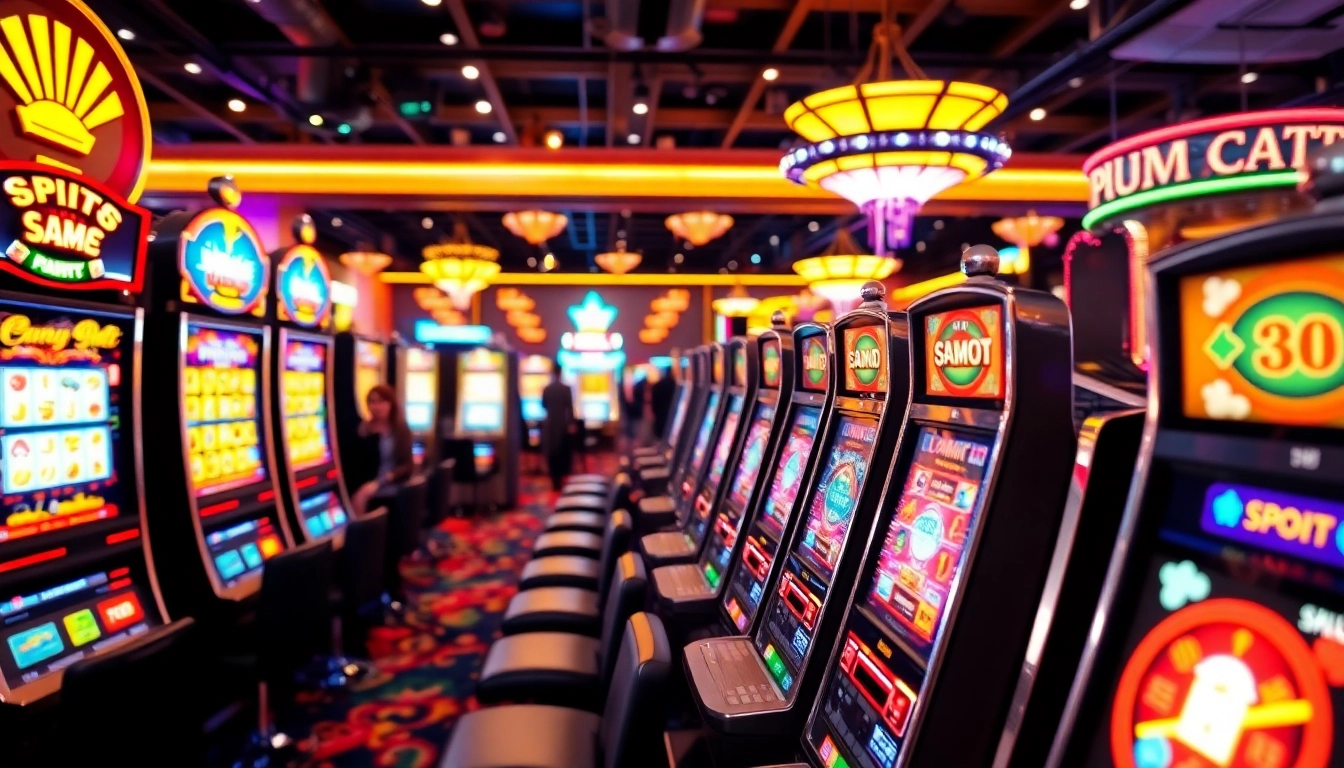 Menampilkan agen toto slot dengan mesin slot yang berputar dan suasana kasino yang ceria.