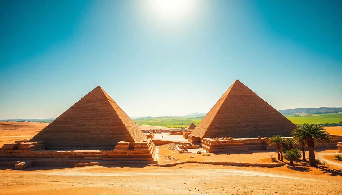 Explore the majestic piraminds of Giza under a bright blue sky highlighted by dramatic sunlight.