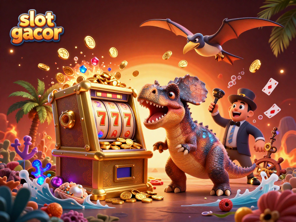 Permainan slot gacor dalam ilustrasi 3D dengan dinosaurus dan mesin slot yang mengeluarkan koin jackpot.