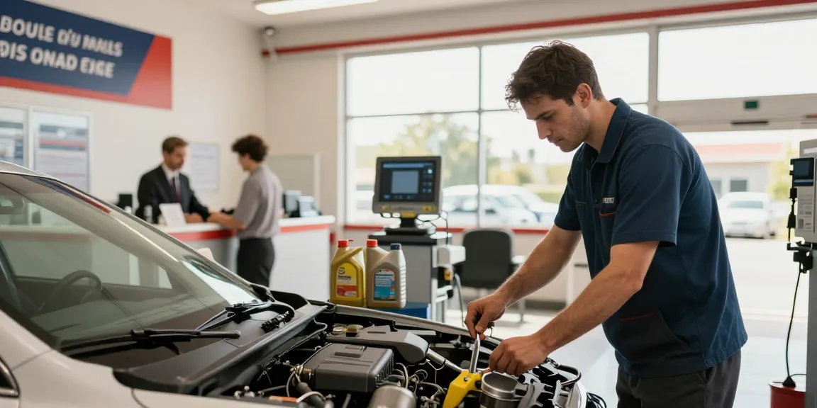 Affordable oil change service in a professional workshop with technicians performing maintenance.