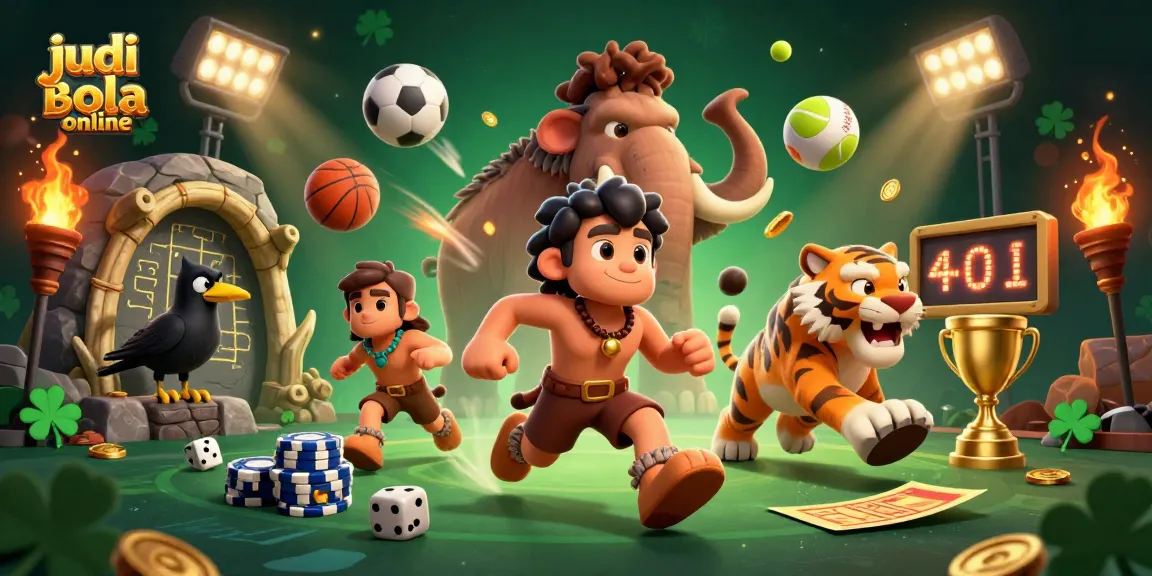 Engage in judi bola online betting action with a whimsical prehistoric casino scene featuring vibrant sports elements.