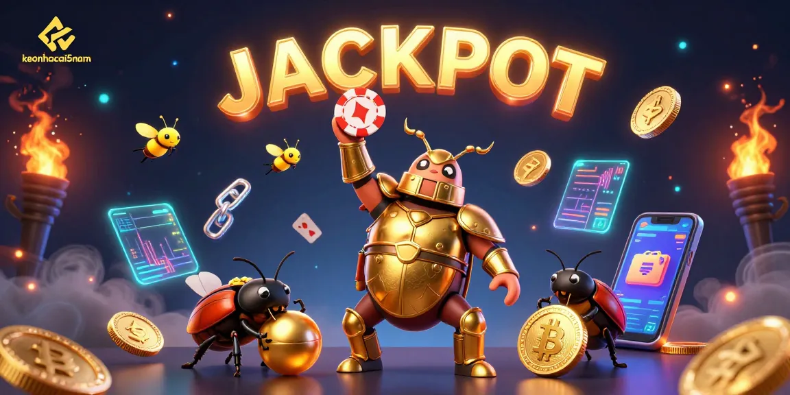 Experience keonhacai5nam with a triumphant beetle lifting poker chips, revealing exciting casino elements.