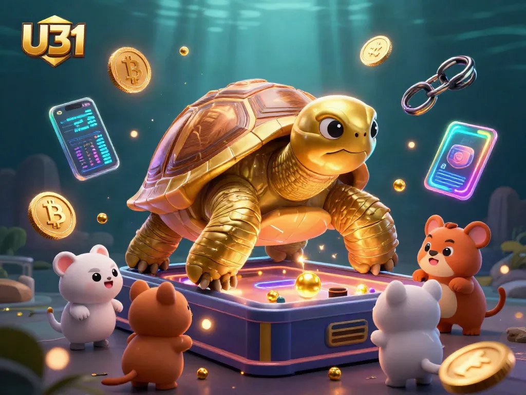 Engage in vibrant U31 casino action with a golden tortoise pinball machine amidst crypto coins.