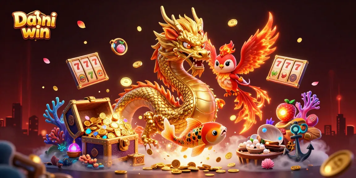 Experience Dhani win with thrilling games featuring a golden dragon and phoenix in a vibrant 3D casino scene.