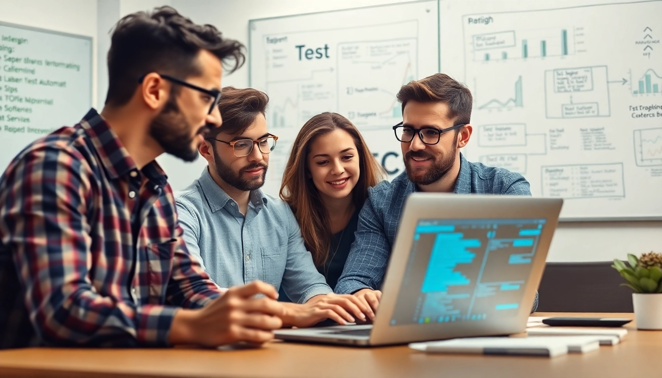 Team examining a test automation tool in a modern office with collaborative elements.