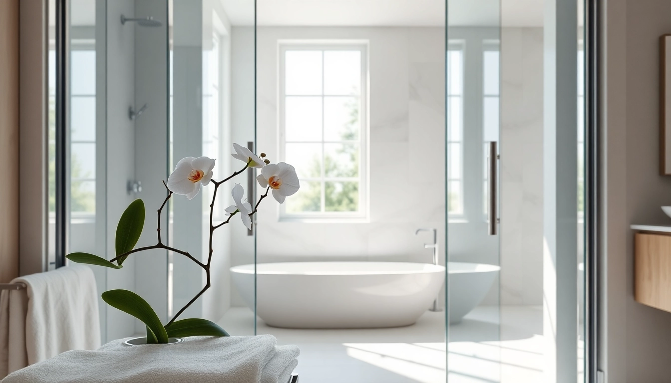 Elegant shower doors reflecting sunlight in a modern bathroom setting with stylish decor.