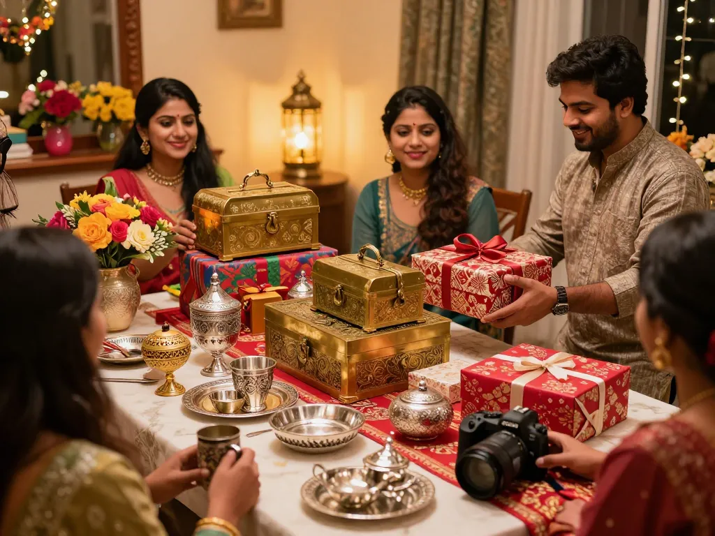 Stylish arrangement of return gifts online at a festive gathering, showcasing ornate brass and German silver items.