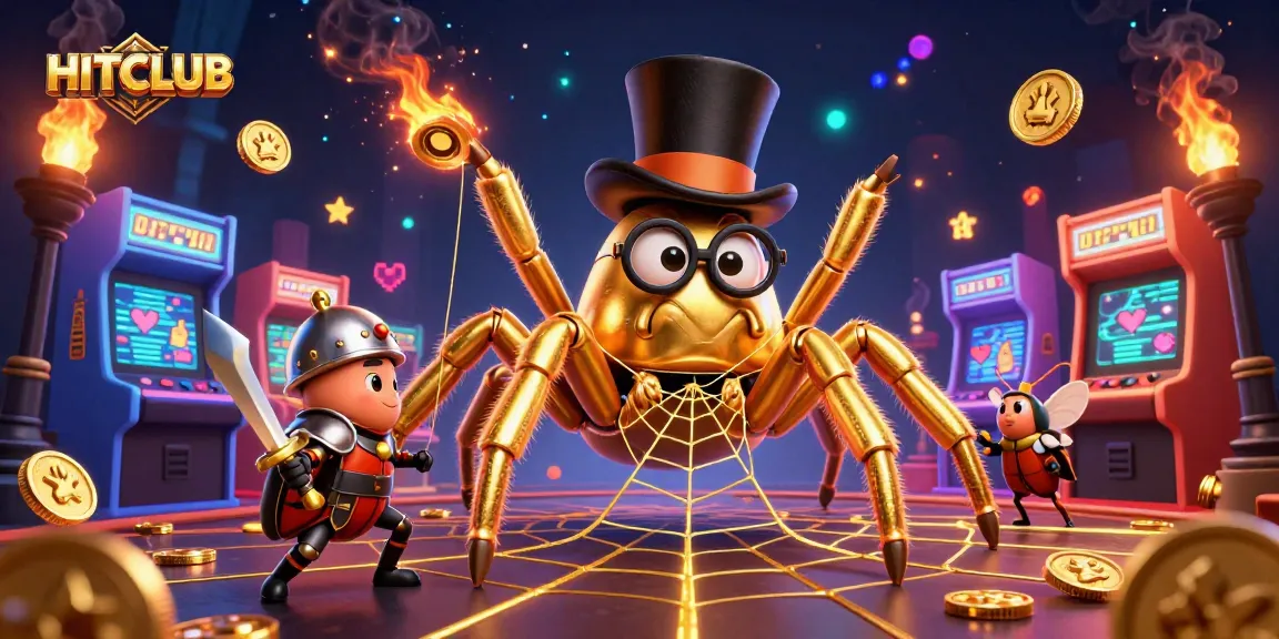 HITCLUB showcases a vibrant gaming scene featuring a golden tarantula and a beetle knight amid colorful arcade machines.