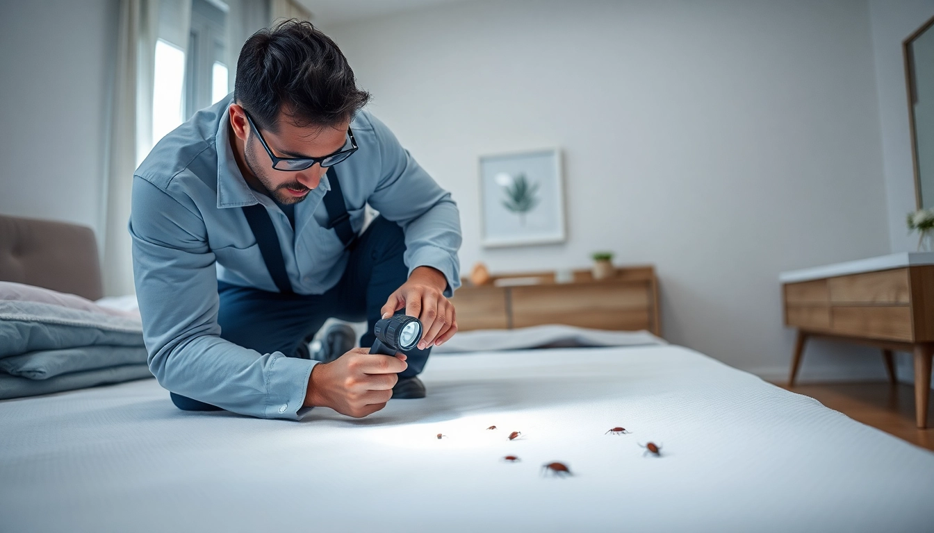 Technician executes bed bug removal in a bright, clean bedroom, showcasing pest control expertise.