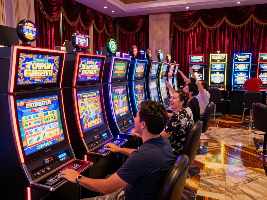 Players engaging with slot 200 machines in lively casino atmosphere