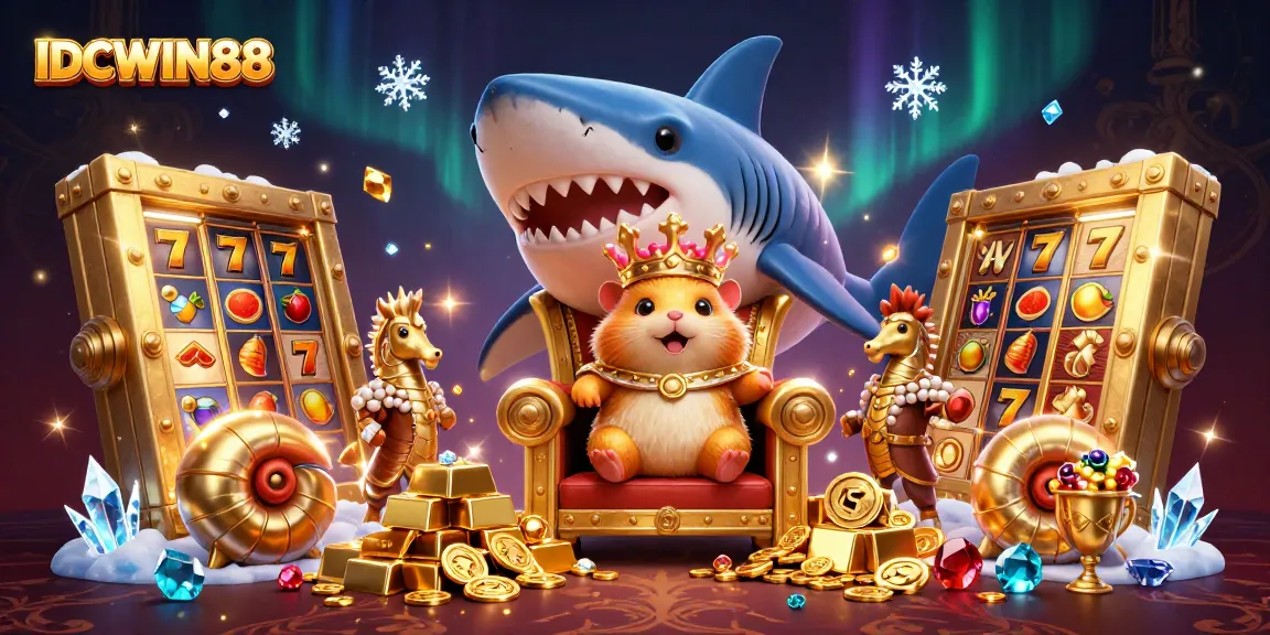 Spin the reels at IDCWIN88 featuring a golden hamster king and opulent treasure.