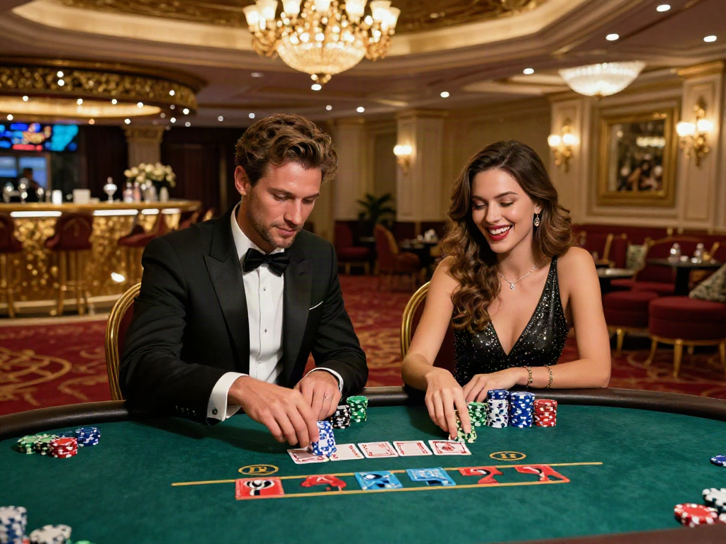 Pasangan di casino luxury12 yang elegan, bermain poker dengan suasana mewah.