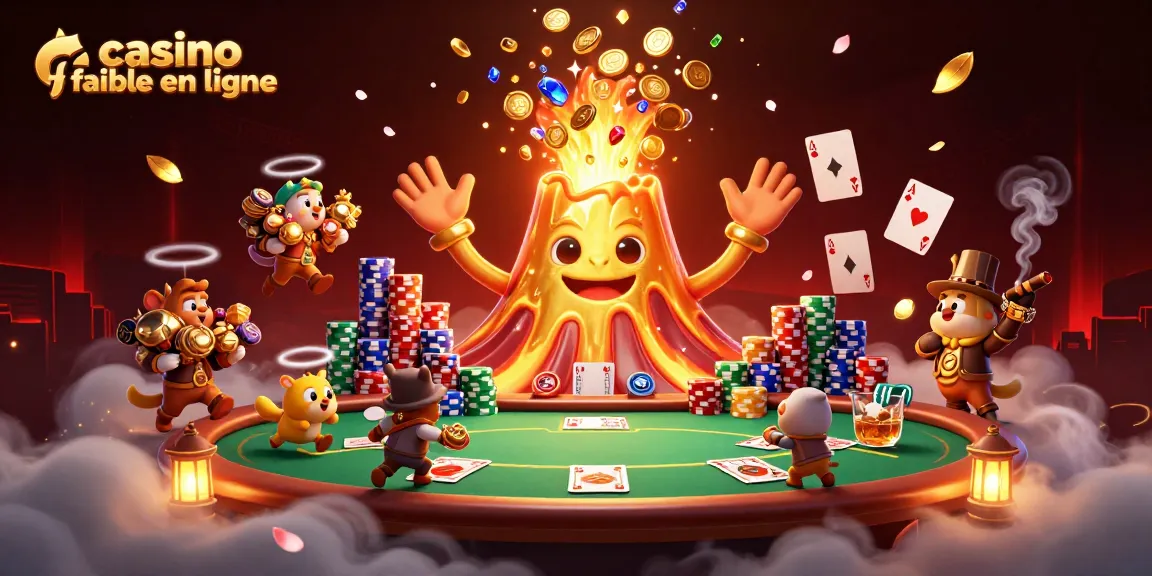 Casino fiable en ligne avec des personnages ludiques et une scène inspirante, comprenant des jetons de poker et des animations colorées.