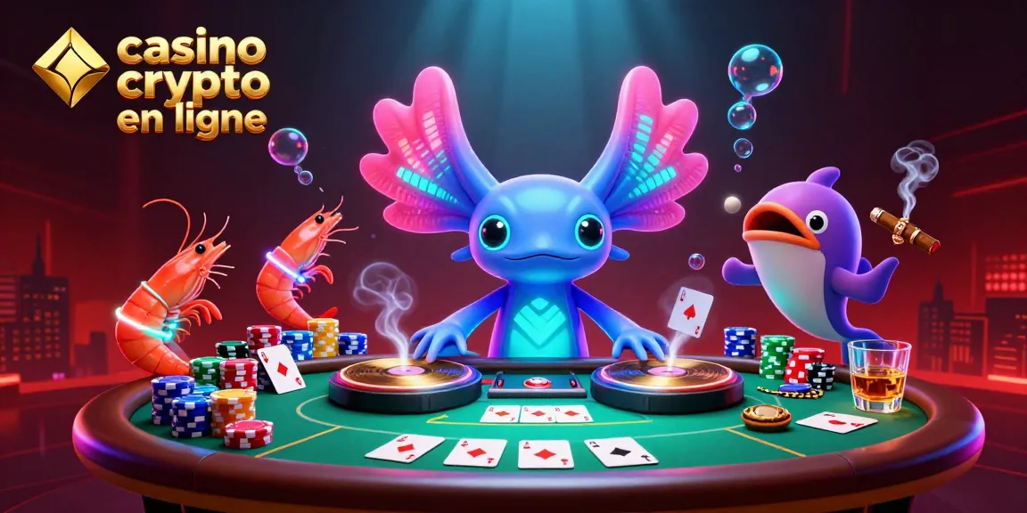 Profitez d'une ambiance festive de casino crypto en ligne avec un DJ axolotl et des crevettes dansantes.