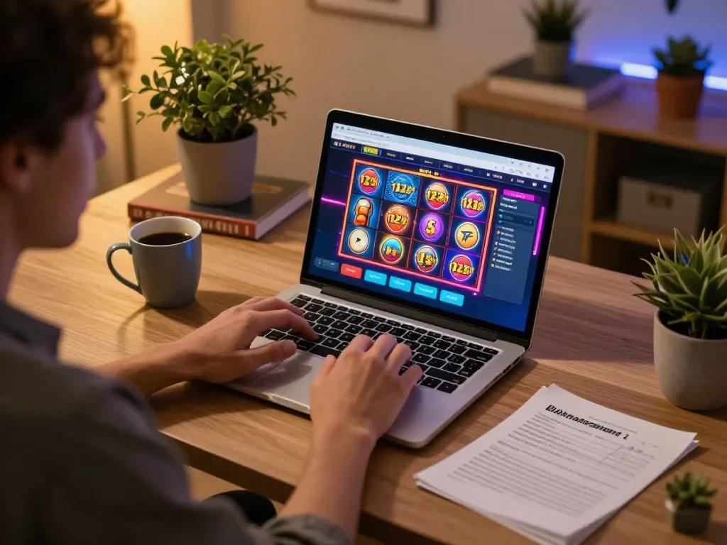 Player enjoying games on 123b online casino interface on a laptop in a cozy home setting