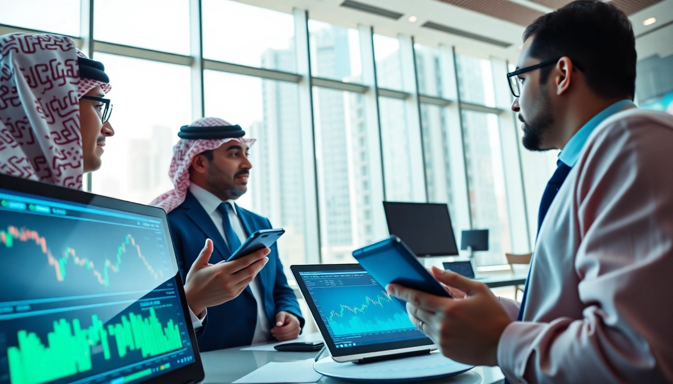 Engaged investors participating in US stock trading In Saudi Arabia, analyzing data on devices in a modern setting.