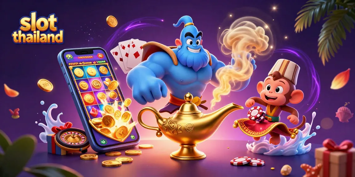 Bermain slot thailand di kasino online dengan suasana meriah, dikelilingi karakter unik.