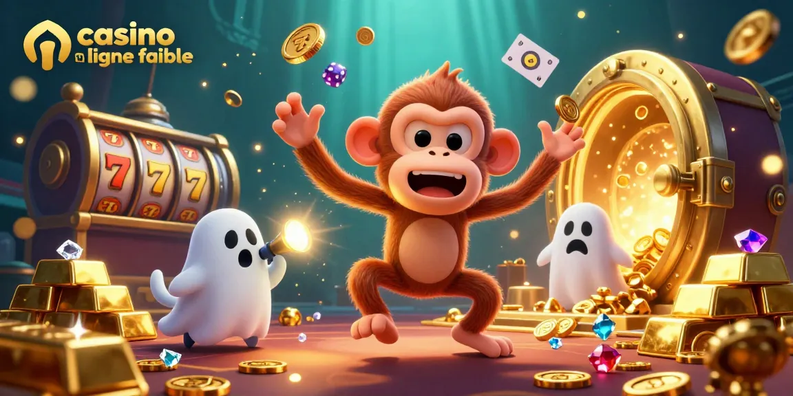 Jouez au casino en ligne fiable avec un singe poltergeist et un chiot curieux dans une scène animée.