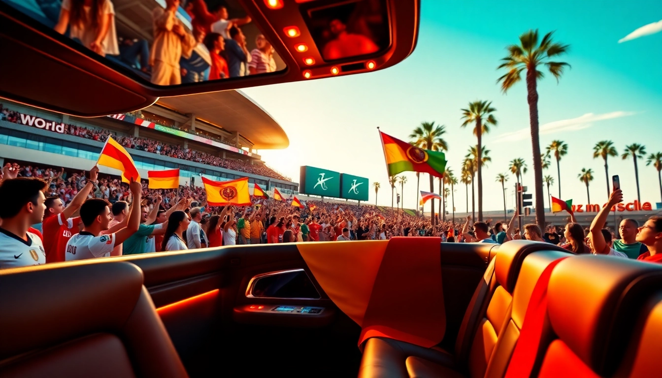 Experience seamless World Cup Group Transportation in a luxury limo amidst a vibrant stadium atmosphere.