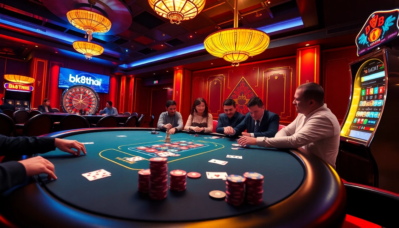 Engaged players at a BK8Thai ทางเข้า poker table in a luxurious casino environment.