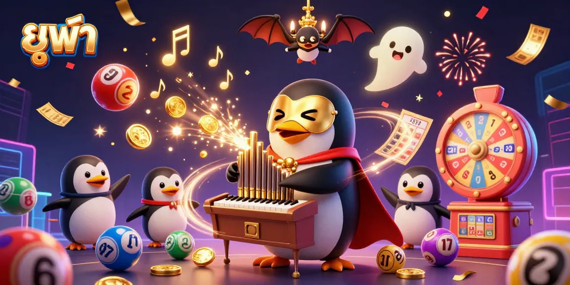 Engage in exciting gameplay with ยูฟ่า, featuring a penguin organist showering golden coins amidst vibrant casino elements.