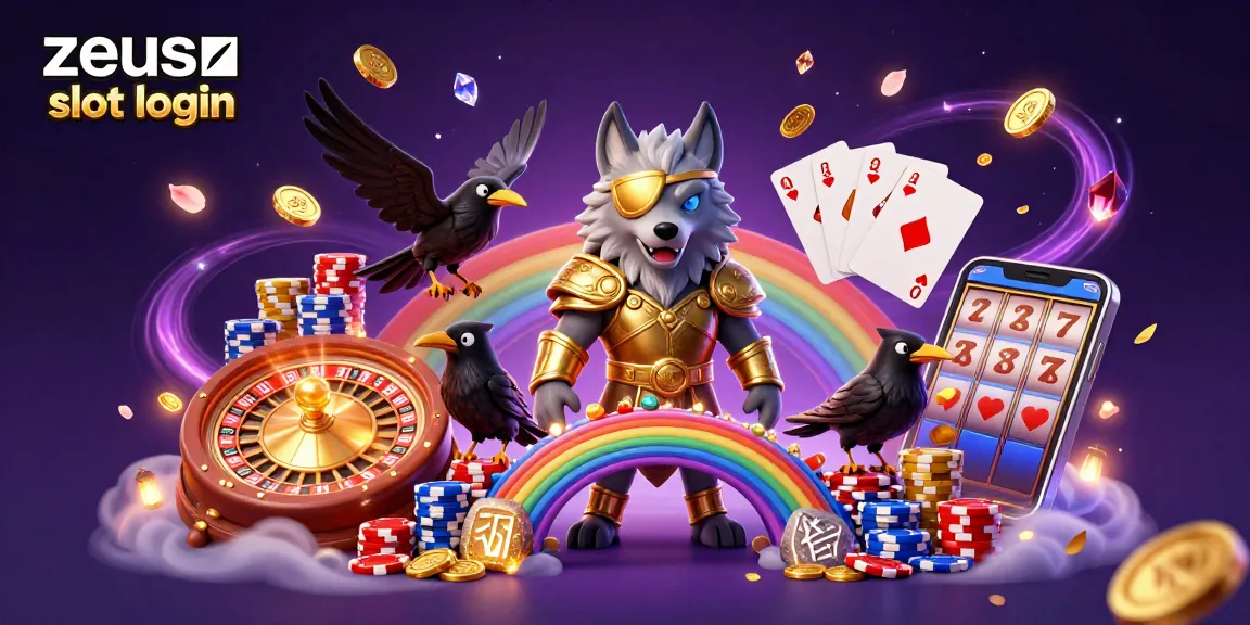 Spin and win with zeus slot login in this vibrant 3D casino illustration featuring mythical creatures and gaming elements.