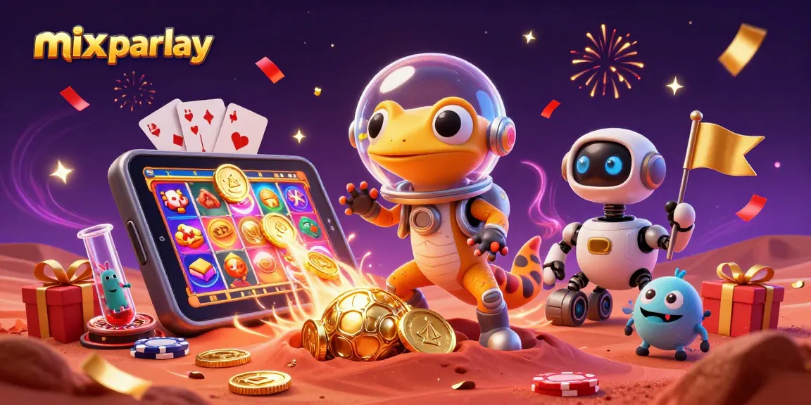 Experience the thrill of mix parlay betting with an adventurous Martian gecko discovering a hidden casino.