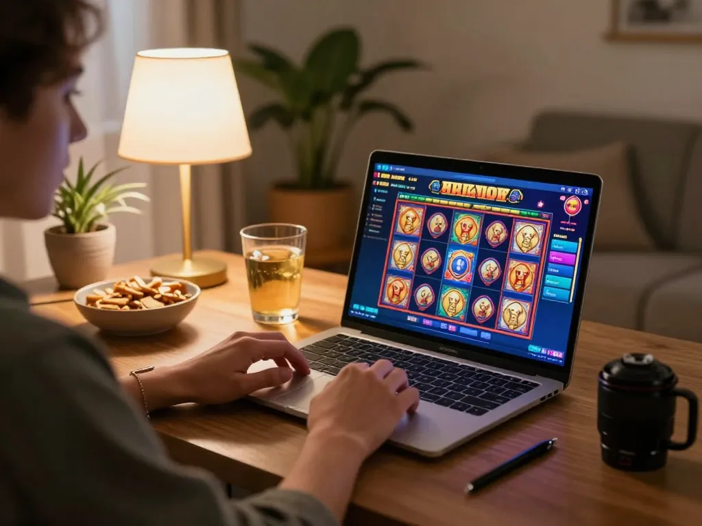 Player enjoying rr88 online slot game in a cozy home setup with snacks and drinks