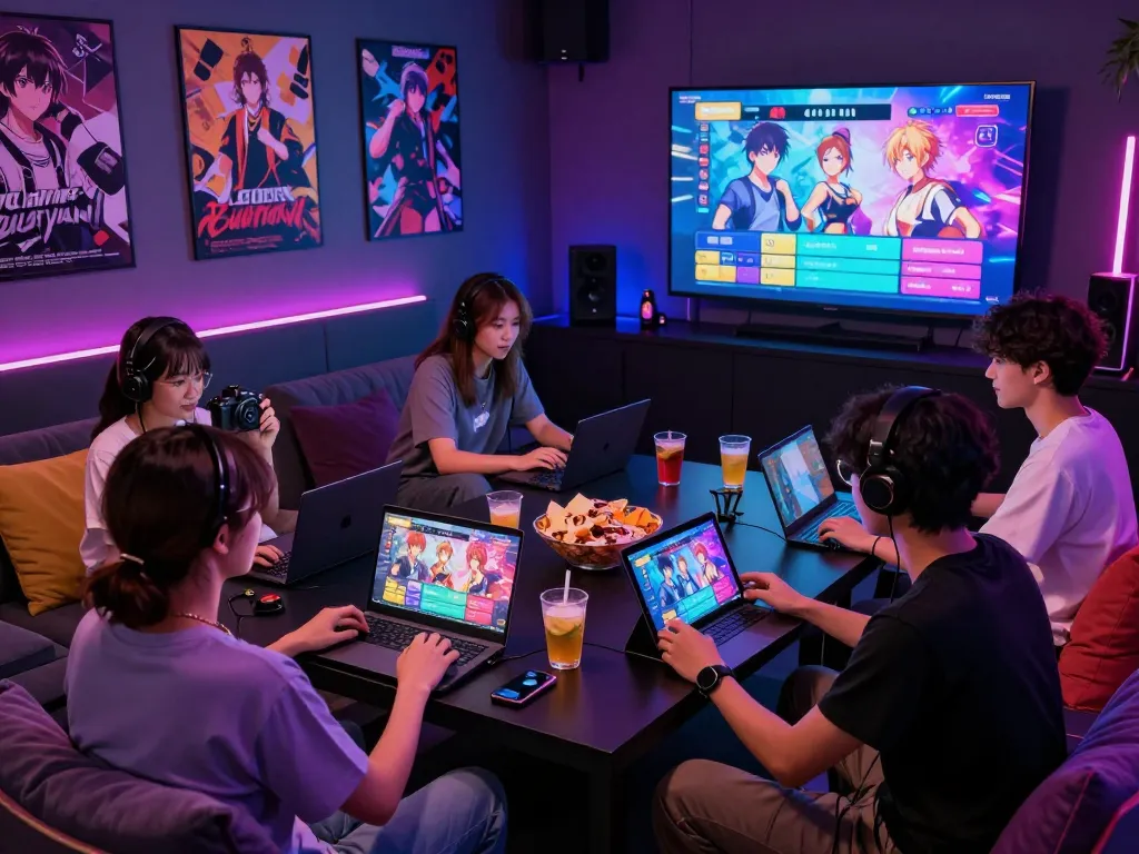 Friends playing a free porn game on various devices in a vibrant gaming lounge.