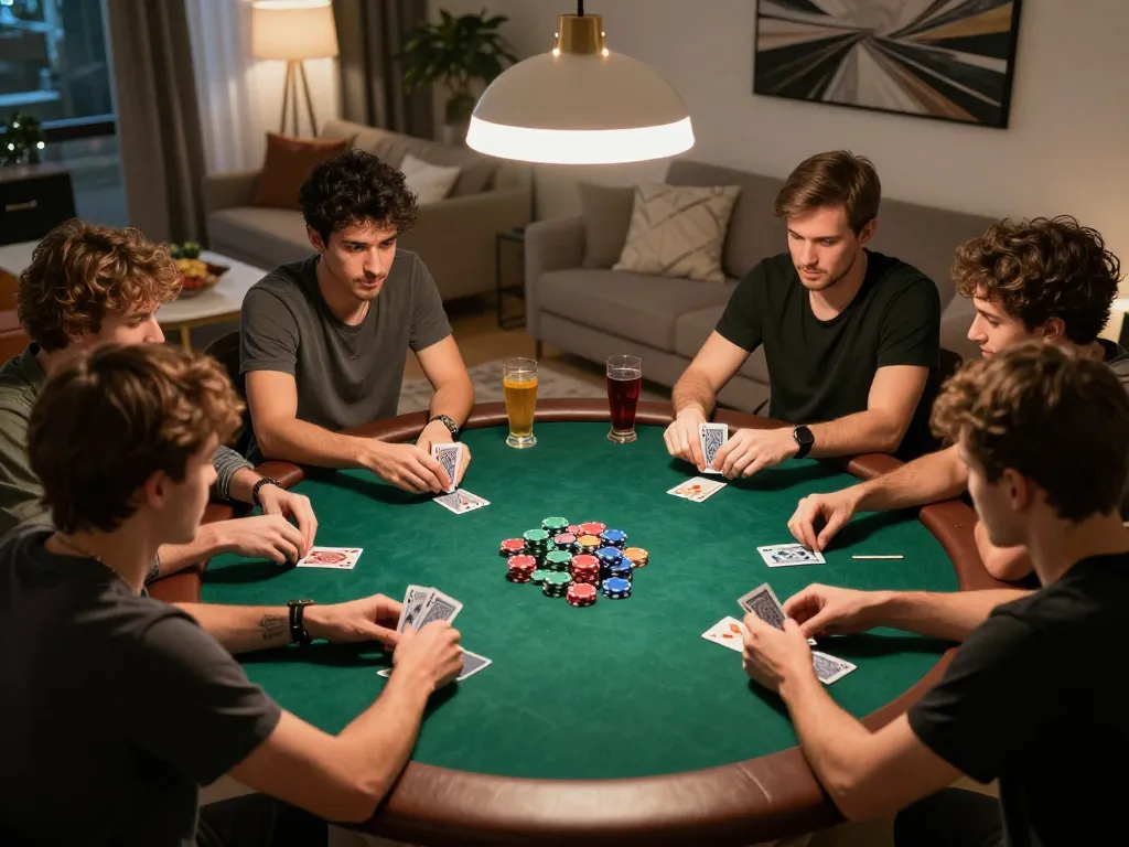 SHBET poker night with friends showcasing strategic gameplay and engaging camaraderie around a round table.