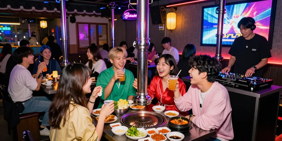 상봉동 한국관나이트 vibrant nightlife scene with friends enjoying Korean barbecue and drinks