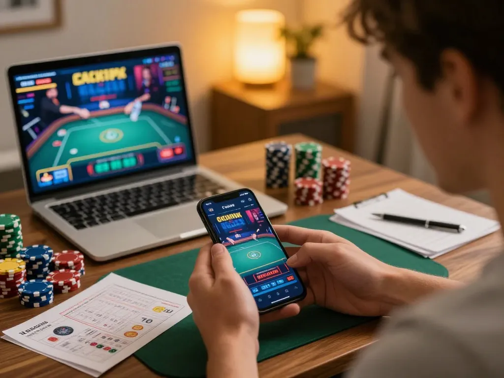 Player enjoying link dự phòng qq88 on mobile app while studying poker strategies at home