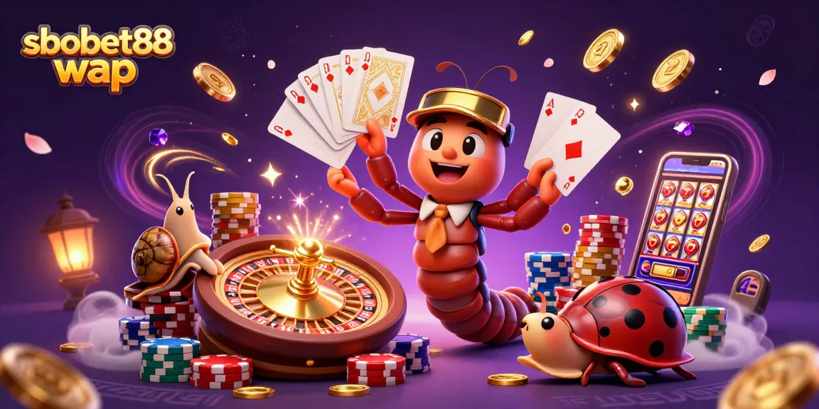Experience sbobet88 wap with a dynamic casino scene featuring a millipede dealer and vibrant game elements.