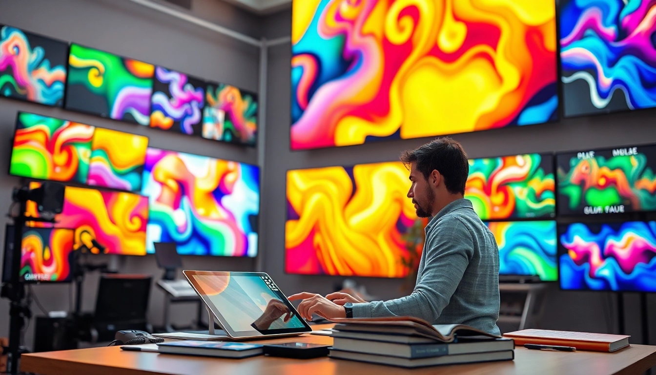 Engaged artist creating innovative koralive art in a modern studio.